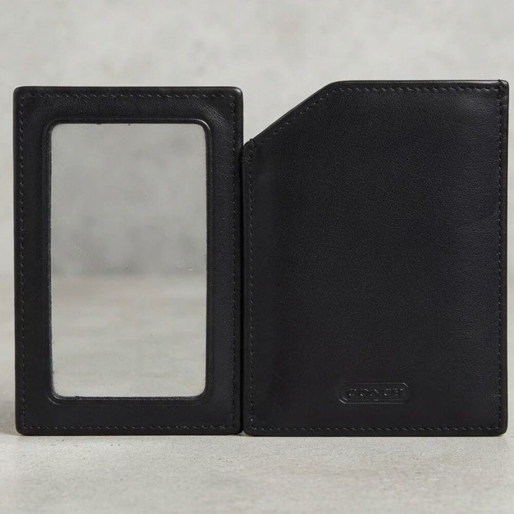 Coach Black Leather Pocket Wallet Card Case with Built-In Mirror Compact Makeup